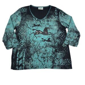 Cactus Bay Artsy Art To Wear Abstract Horse Logo Cotton Top Women's XXL